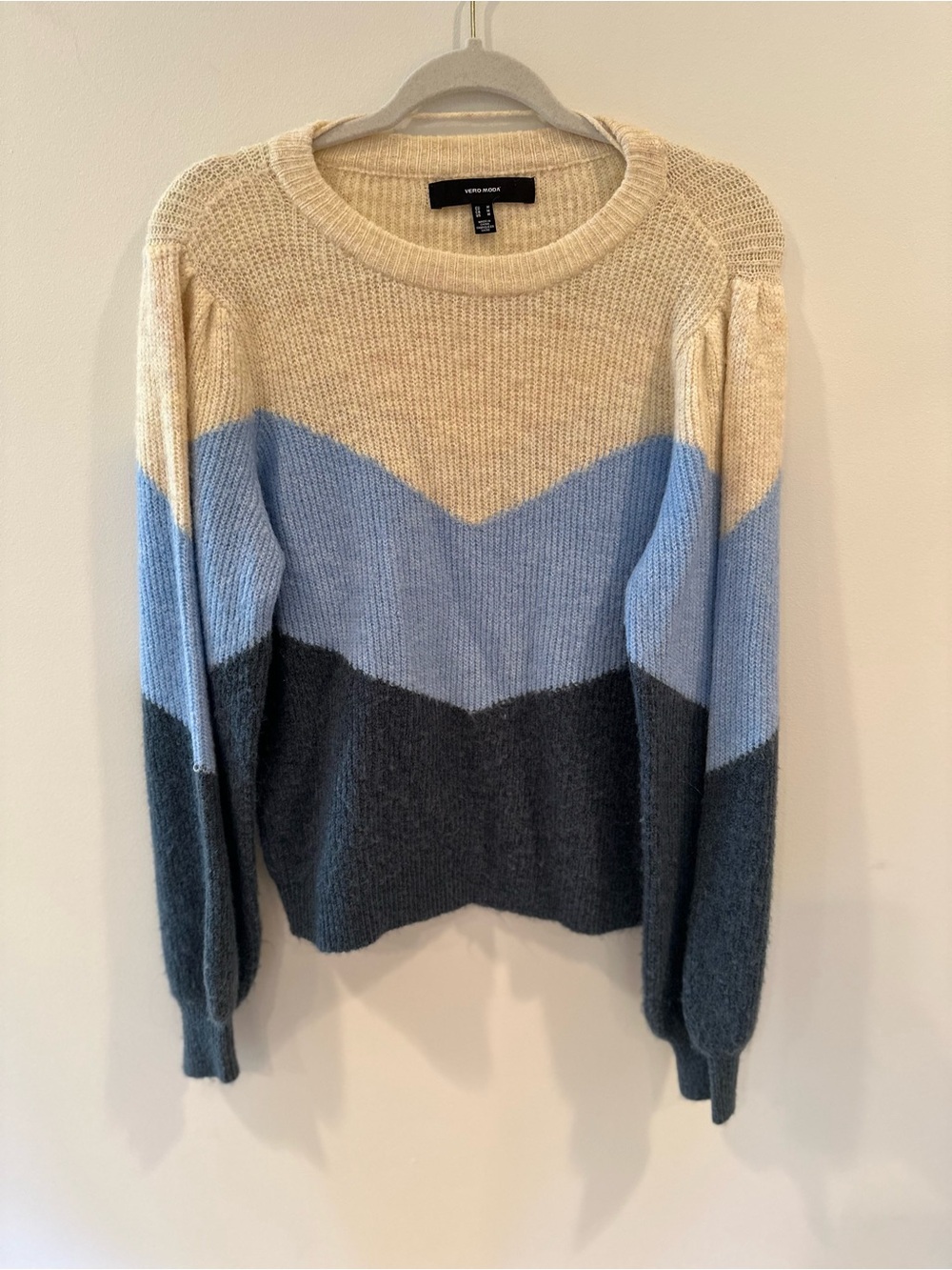 Vero Moda Chevron Colorblock Crewneck Sweater - Cream, Light Blue & Charcoal